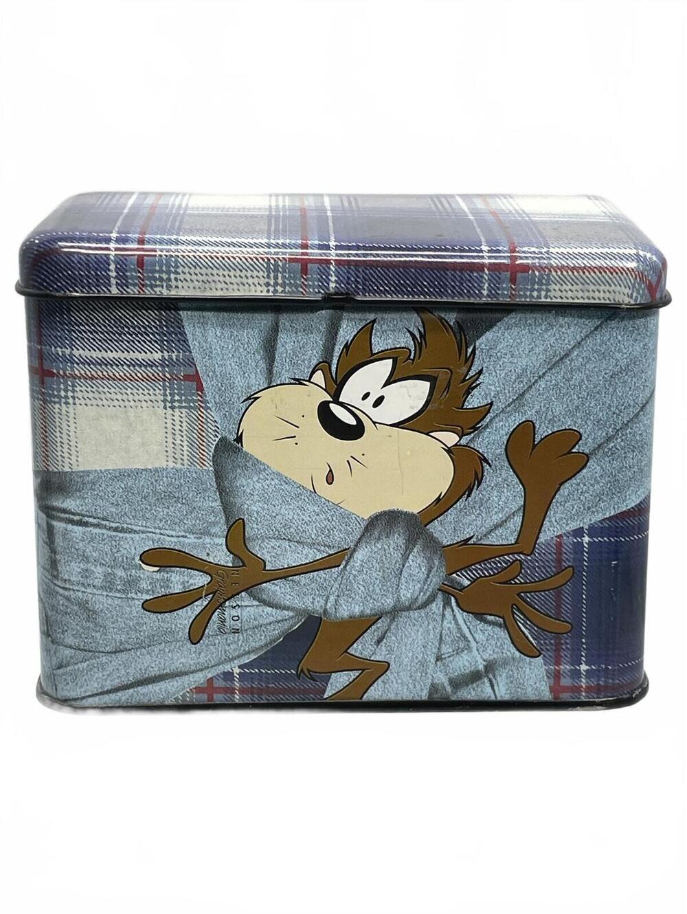 1995 vintage Looney Tunes Taz Blue Plaid Metal Storage Tin Box